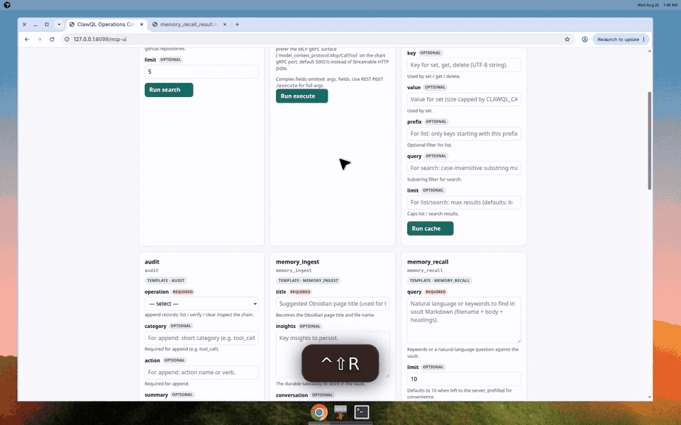 ClawQL /mcp-ui demo — search and memory_recall