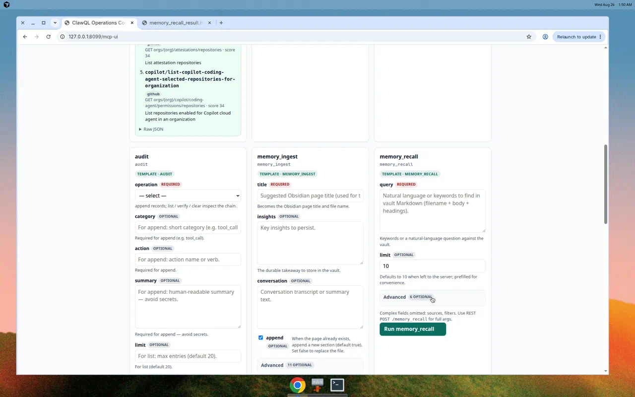 memory_recall with Advanced options collapsed